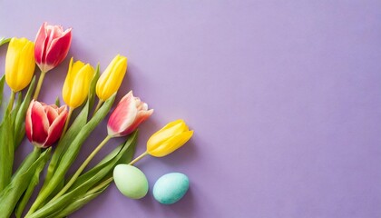 easter concept top view vertical photo of spring flowers tulips and colorful easter eggs on isolated pastel violet background with copyspace - Powered by Adobe