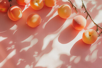 Aesthetic Peach fruit Display with Playful Shadows under sunlight. Minimalist and calming theme in peach fuzz pastel color.