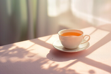 Warm Tea Moment, Aesthetic of Calming Rhythms. Tea cup on a table with natural daylight filtering - obrazy, fototapety, plakaty