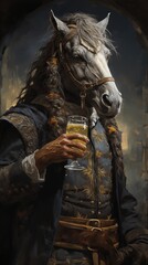 A horse in a suit enjoys a beer