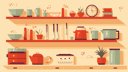 Card with kitchen shelves and cooking utensils in r