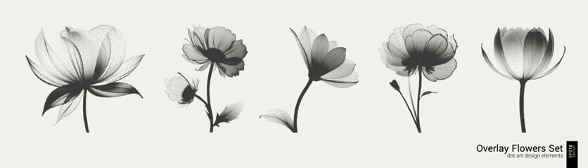 Transparent dot art flower set, halftone collage design element. Grunge cut out sticker. Noise grain gradient, stipple texture effect. Trendy y2k retro vector floral illustration. Duotone overlay - 762796401