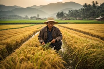 Asian Chinese farmer working in rural rice field, agriculture, farming and harvesting concept