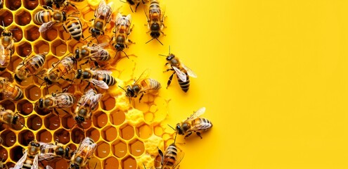 Busy Bees at Work in Honeycomb. Generative ai - obrazy, fototapety, plakaty