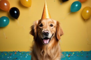 In this delightful image, a dog dons a party hat, creating a playful atmosphere as it extends a heartwarming birthday greeting, exuding charm and celebration in every wag and bark.