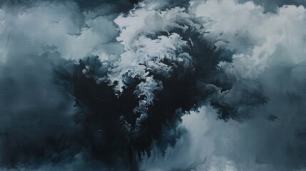 a black and white painting of a large cloud of smoke and steam rising from the top of a black and white building. - obrazy, fototapety, plakaty