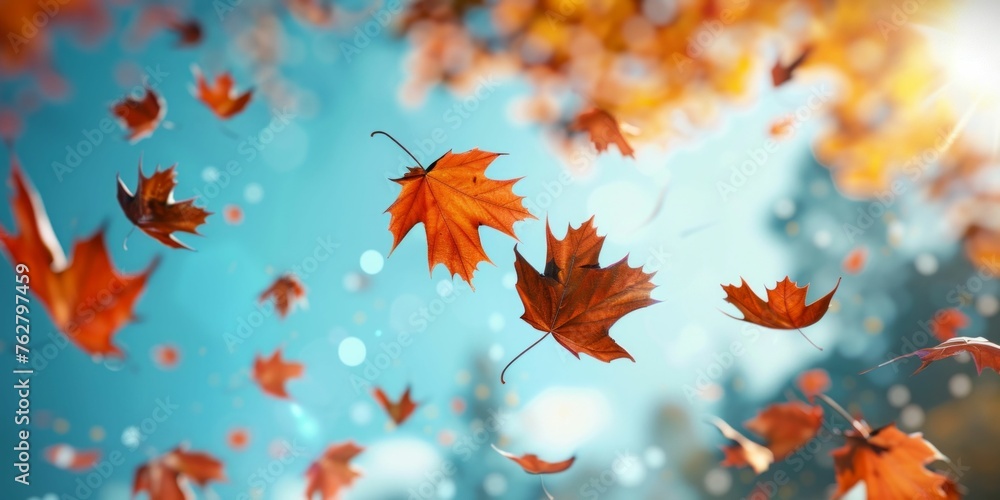 Poster autumn maple leaves floating in the air. generative ai