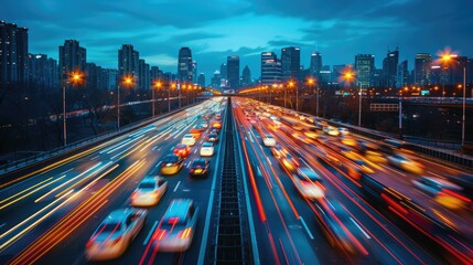 Rush Hour Chaos: Blurred Traffic on City Highway with Glowing Skyline in Background - obrazy, fototapety, plakaty