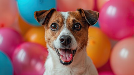 surprised dog on solid bright background with colorful balloons --ar 16:9 --style raw --stylize 300...