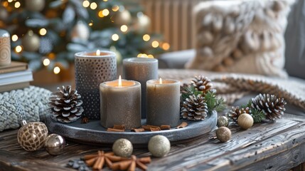Fototapeta na wymiar Cozy Christmas: A Still Life of Home Decor on Wooden Table, Evoking Celebration and Comfort