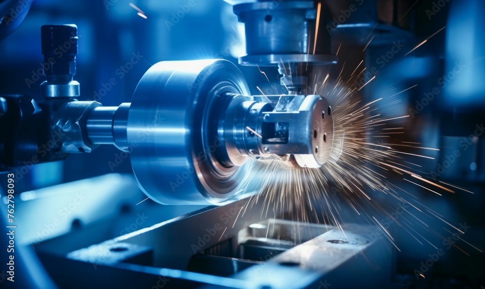 Poster precision metalworking on a cnc lathe with sparks. generative ai