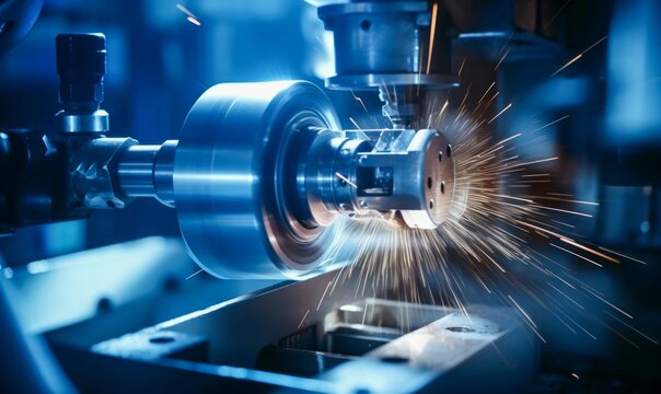 Precision Metalworking on a CNC Lathe with Sparks. Generative ai