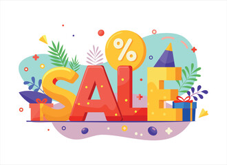 sale banner with colorful letters and objects