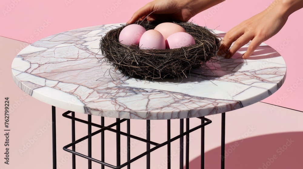Poster a marble table with a bird nest on top of it and three eggs in a nest on top of it.