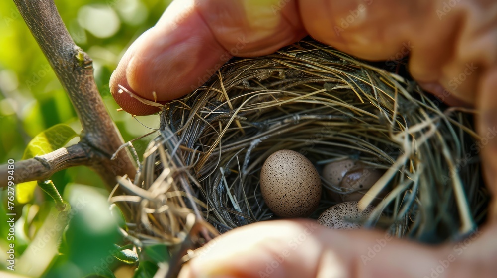 Poster a close up of a person holding a bird's nest with three eggs in it on a tree branch.