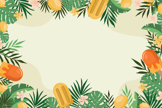Hand drawn summer banner vector template illustration. Background with tropical leaves, ice cream, lemons and flowers. Colourful frame. Poster backdrop