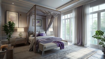 Bedroom with a serene palette of soft lavender and gray, a canopy bed, and recessed ceiling lights


