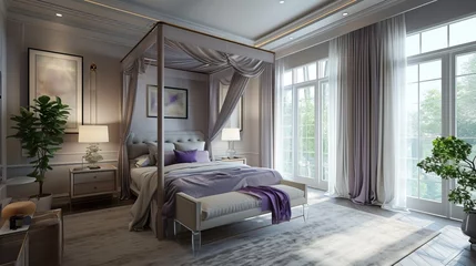 Fotobehang Bedroom with a serene palette of soft lavender and gray, a canopy bed, and recessed ceiling lights    © Tumelo