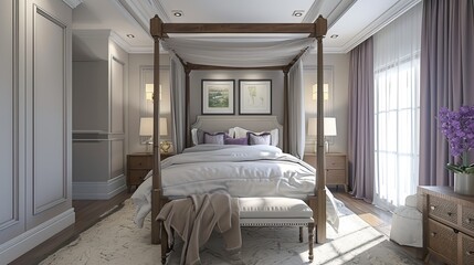 Bedroom with a serene palette of soft lavender and gray, a canopy bed, and recessed ceiling lights


