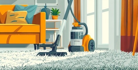 Vibrant Digital illustration of a vacuum cleaner on the carpet in a cozy living room. Concept of home care, cleanliness, home cleaning, daily chores, and domestic equipment. Art - obrazy, fototapety, plakaty