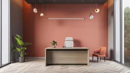 Contemporary office with a feature wall in muted coral, a sleek desk, and pendant lighting


