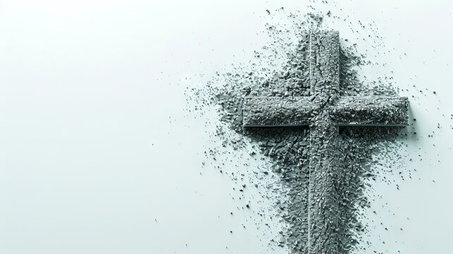 Ash-covered cross on a white background. Concept of spirituality, Lent, Christian rituals, faith, religious, Easter celebration, ash Wednesday, resurrection, cremation, funeral, liturgy. Copy space