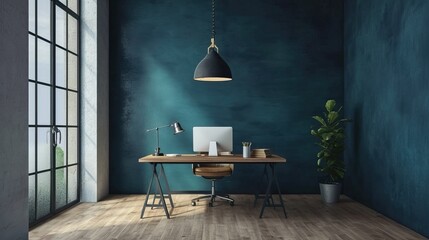 Contemporary office with an accent wall in deep teal, a minimalist desk, and pendant lighting



