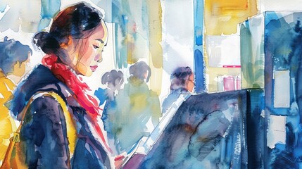 Watercolor art of Asian woman at a polling station. Asian female voter. Citizen vote. Concept of democracy, elections, civic duty, voting rights, freedom, diversity. Abstract. Copy space - obrazy, fototapety, plakaty