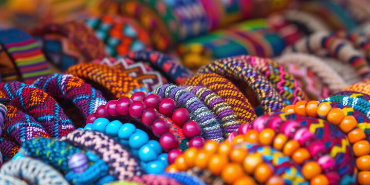 A colorful assortment of bracelets and beads are displayed on a table