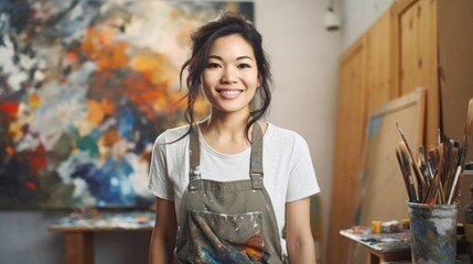 Young Asian woman artist next to her artwork in art studio. Concept of artistic talent, fine arts,...