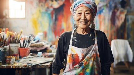 Elderly Asian lady artist next to her artwork in an art studio. Concept of artistic talent, senior...
