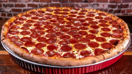 Foto op Plexiglas a pepperoni pizza sitting on top of a pan on top of a wooden table next to a brick wall. © Olga