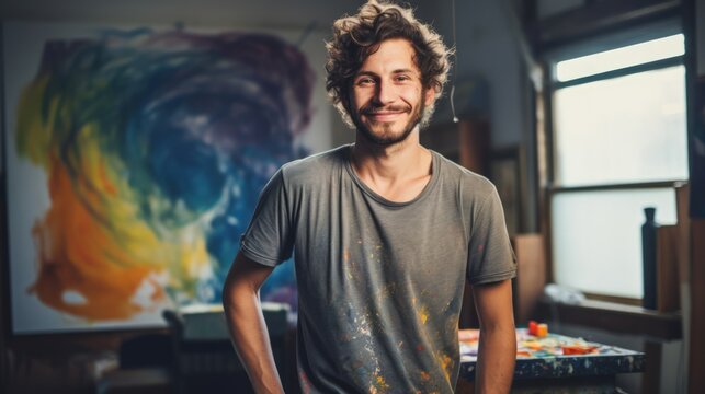 Young smiling guy artist next to his artwork in an art studio. Concept of artistic talent, fine arts, creative process, interesting hobby, exciting leisure time, oil painting