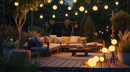 Cozy outdoor lounge with earthy tones, wooden furniture, and soft globe string lights


 - obrazy, fototapety, plakaty