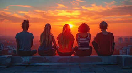 Sunset Bonding: Young Friends Enjoying Quality Time on Rooftop with Stunning Rear View - obrazy, fototapety, plakaty