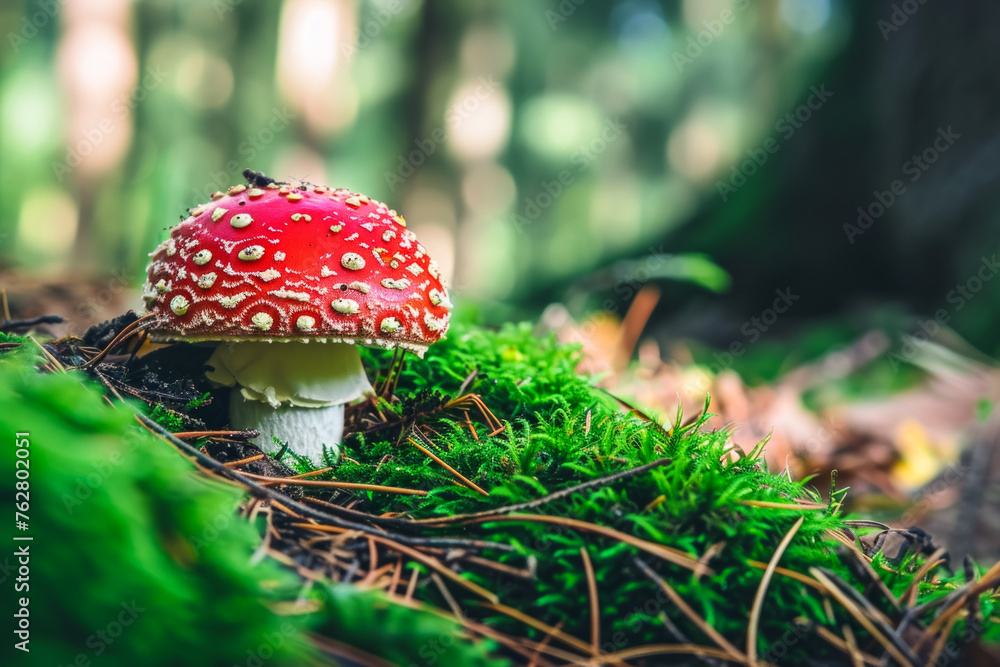 Poster fly agaric in the forest. background with selective focus and copy space