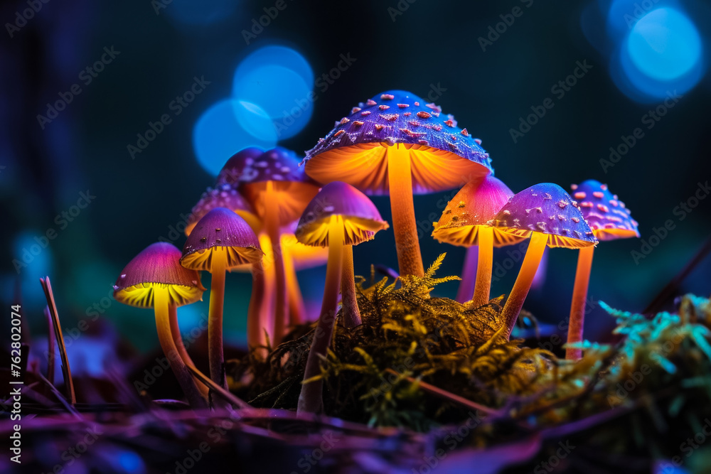 Poster magic mushrooms. background with selective focus and copy space