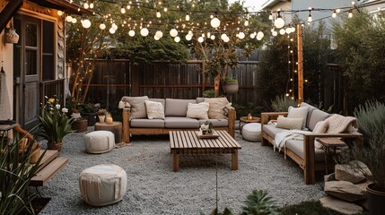 Obraz premium Cozy outdoor lounge with earthy tones, wooden furniture, and soft globe string lights