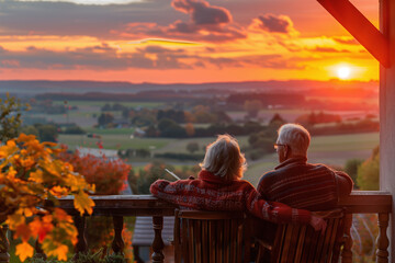Senior Couple Embracing Autumn Sunset from Balcony