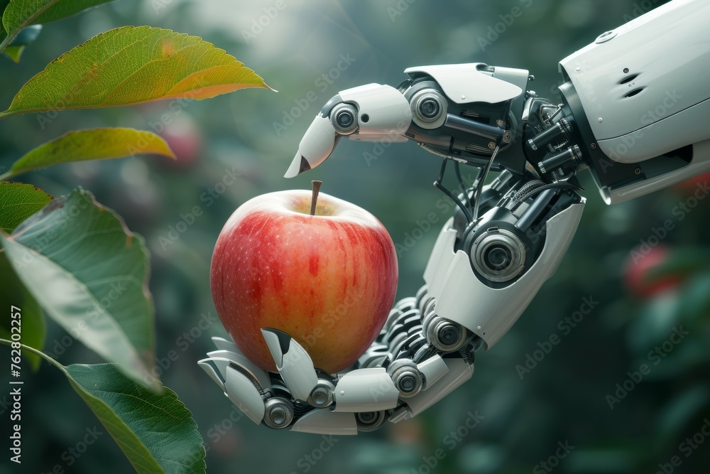 Poster a robot hand works on a modern farm. background with selective focus and copy space
