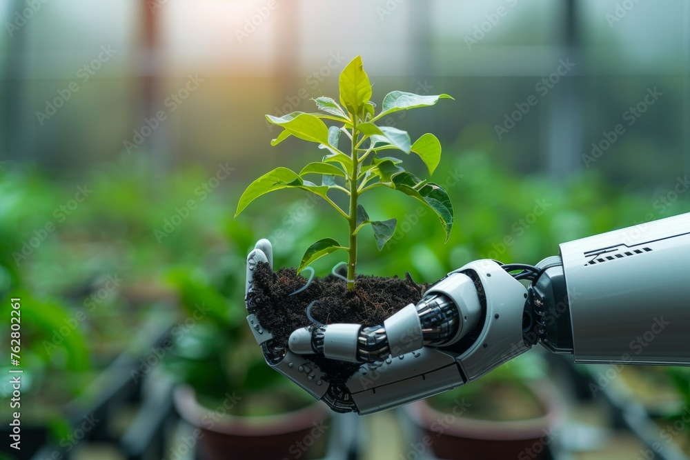 Poster a robot hand works on a modern farm. background with selective focus and copy space