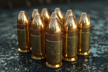 Obraz premium A row of gold colored bullets are lined up on a table