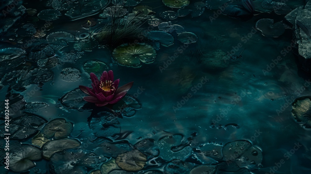Poster a red flower floating on top of a body of water with lily pads on the bottom of it and water droplets on the bottom of the bottom of the water.