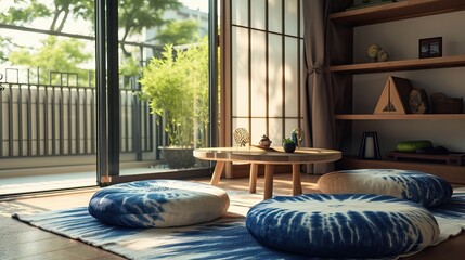 Cozy reading nook with a tatami mat low table and shibo - obrazy, fototapety, plakaty