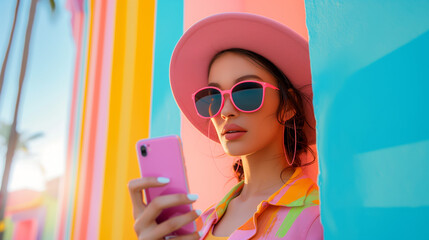 A hip young woman with pink hat and sunglasses checks her phone, framed by a wall with vivid colors and exuding a trendy vibe. Pink, blue, yellow and orange colors. - obrazy, fototapety, plakaty