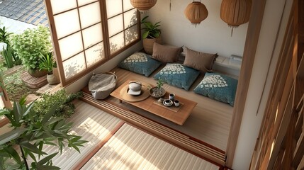 Cozy reading nook with a tatami mat low table and shibo