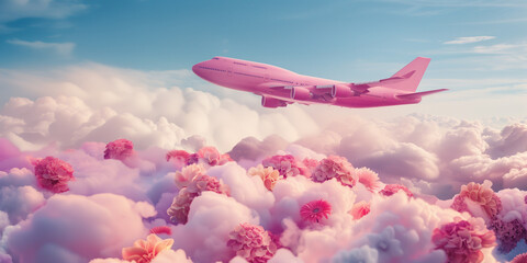 A commercial airplane flies high above whimsical clouds with pink flowers, inspiring travel and adventure.  - obrazy, fototapety, plakaty