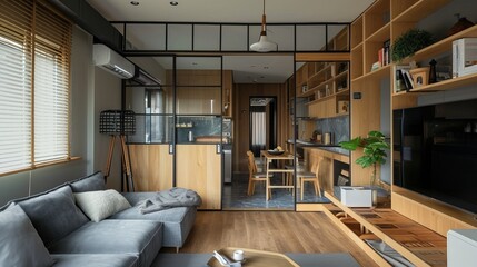 Cozy studio apartment with Japandi style sliding partita