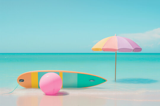 A serene beach setup with a colorful surfboard, beach ball, and a pastel umbrella on a clear sunny day. Summer composition.