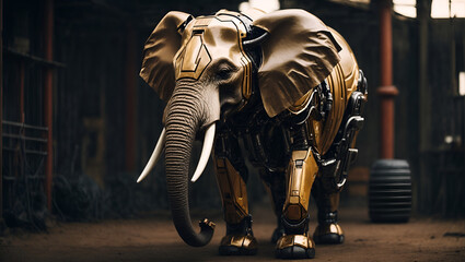 Fototapeta na wymiar Robotic Elephant Statue: Futuristic Art in Museum